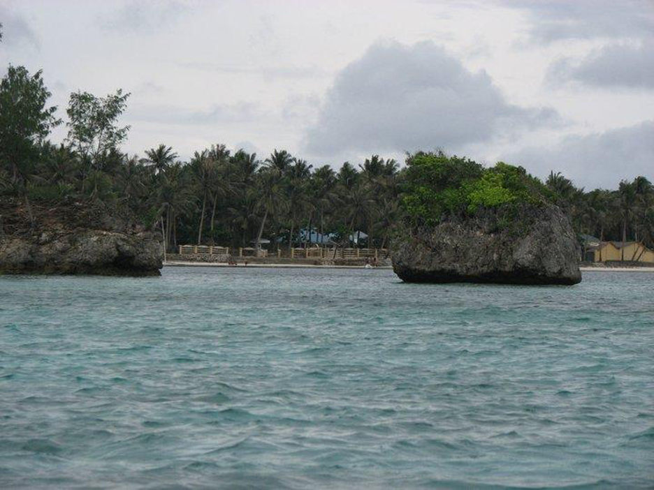 Boracay skyline with large rock in front of palm trees